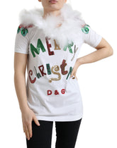 Dolce & Gabbana White Cotton Christmas Sequin Fur T-shirt -   -  Dolce & Gabbana.